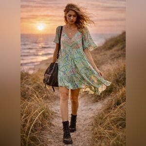 NWT Spell & The Gypsy Collective City Lights Mini Dress in Sage Size XL